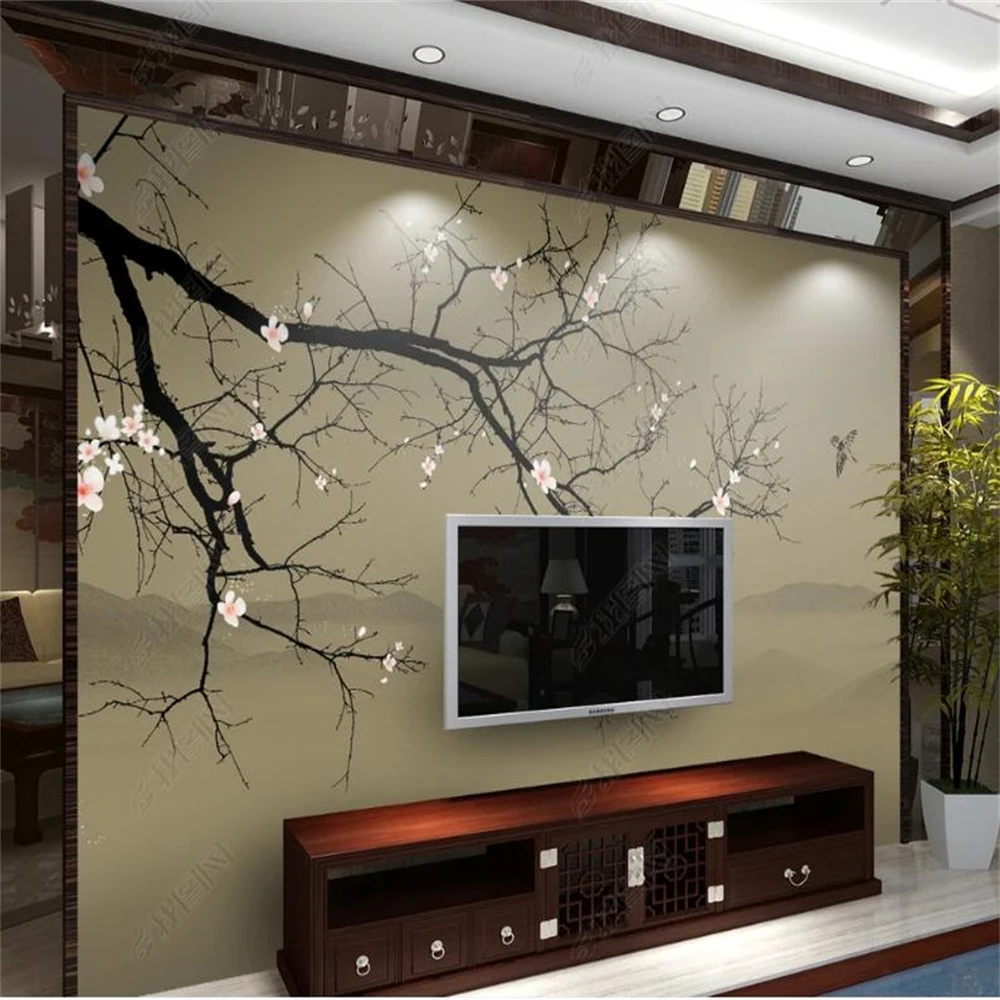 New Chinese style window mural wallpaper hand-painted plum blossom landscape wallpapers background wall decorative painting