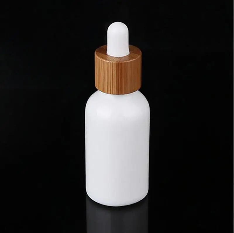 10ml 15ml 30ml white essential oil dropper bottle cosmetic glass pipette packaging container with wood grain bamboo lid cap