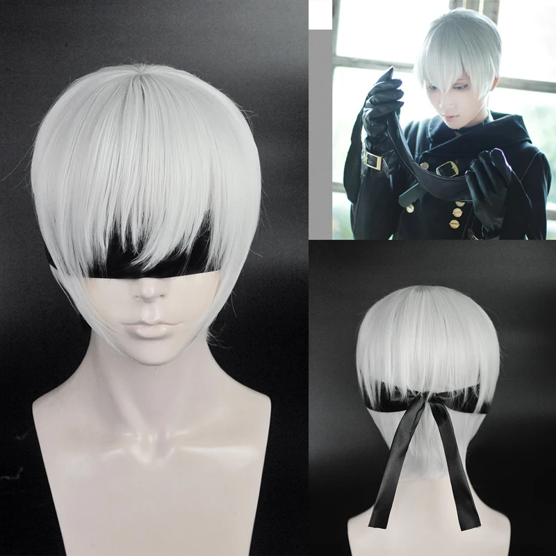 NieR:Automata 9S YoRHa No.9 Model S Wistalia Kurze silbergraue hitzebeständige Cosplay-Perücke + Augenklappe + Perückenkappe