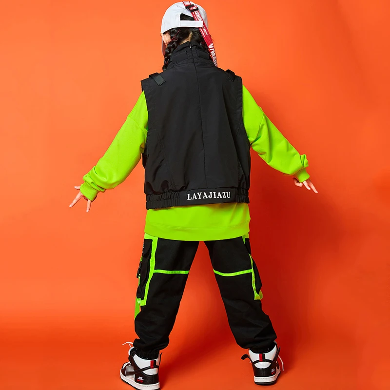 Hip Hop Kostüm Jungen Street Dance Kleidung Lose Hip Hop Weste Grün Tops Sport Jogger Hosen Jazz Hiphop Show Rave Tragen BL5196