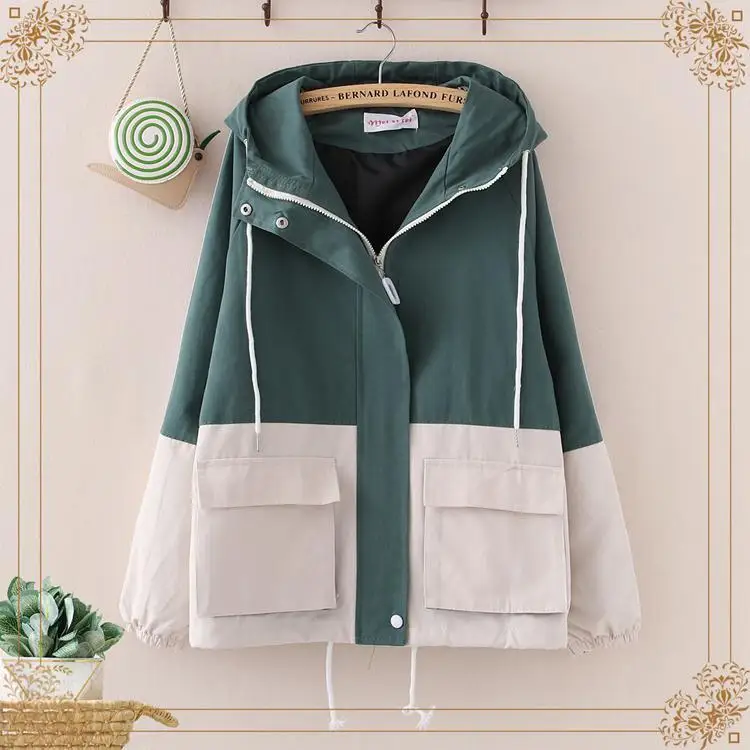 Windbreaker Jacket Women 2024 Spring Women Hooded Jacket Coats Zipper Trench Patchwork Woman Basic Casual Femme Jaqueta Feminina