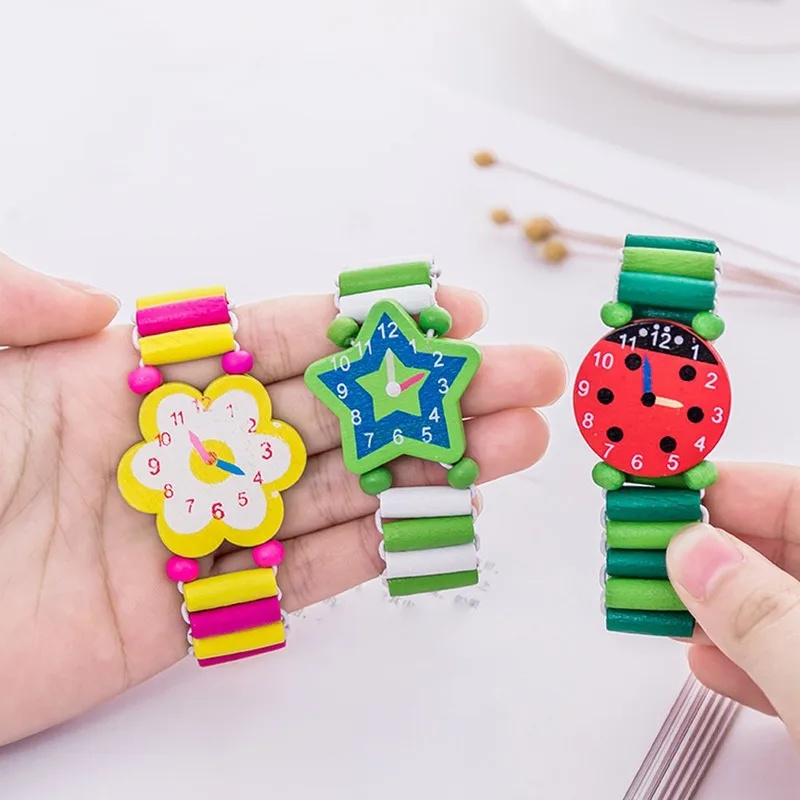 Pulseras de madera de colores para niños y niñas, reloj elástico, pulsera de juguete, regalo de cumpleaños, joyería al por mayor