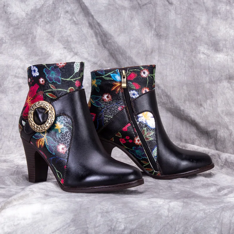 Women's boots with high heels comfortable warm printing drum in national high-end fashion leather breathable ladies boots