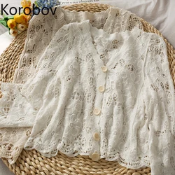 Korobov 2021 New Summer Thin Knitted Cardigans Korean Solid V Neck Lace Hollow Out Sweaters Vintage Elegant Outwear Knitwear