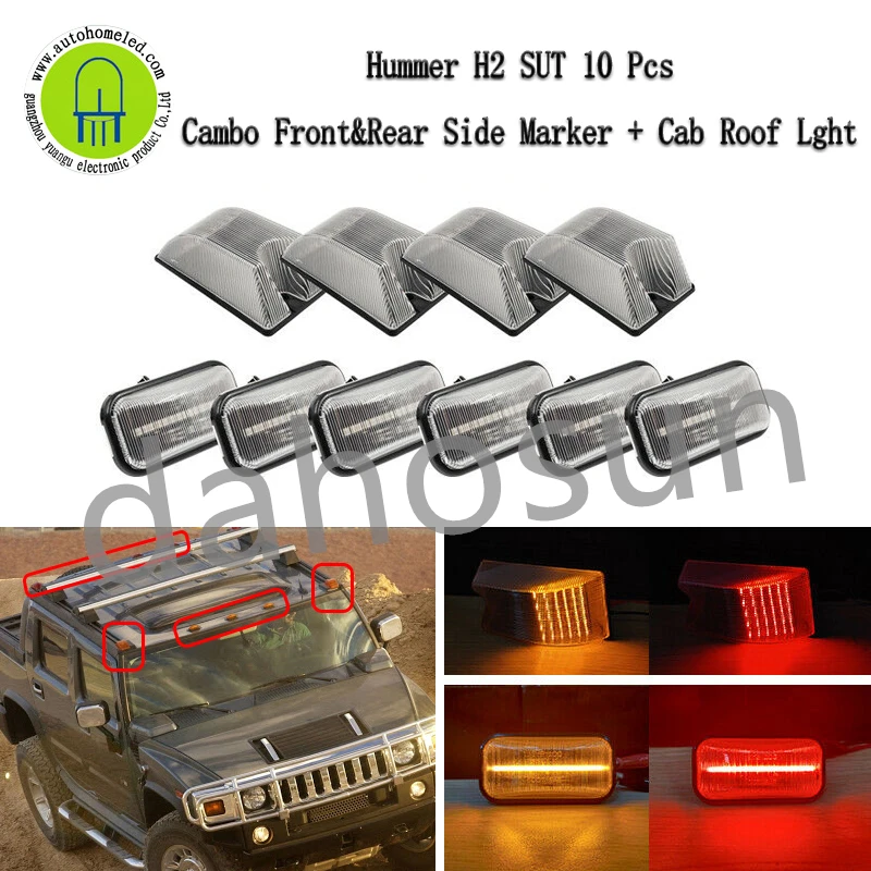 

10Pcs Dahosun Red/Amber LED Cab Roof Running Lamps + Side Marker Lights Compatible with Hummer H2 2003-2009 H2 SUT 2005-2009