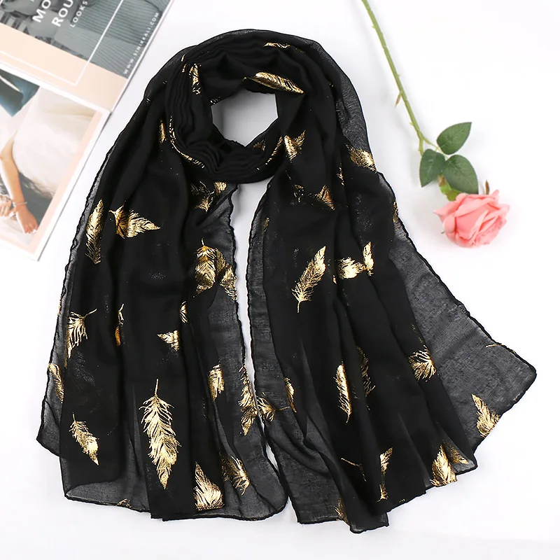 Gold Glitter Feather Hijab Cotton Scarf Women Luxury Shiny Shawl Muslim Women Hijab Shimme Scarves Foulard Arab Turban Headscarf