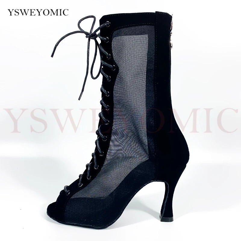 2020 Women Mesh High Boots Dance Shoes Suede Outsole Black Nubuck Leather Salsa Latin Dance Shoes With Factory Price