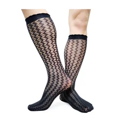 Męskie skarpetki do kolan z wysokim jedwabiem Wave Striped Sheer Thin Sexy Male Long Socks High Stretch Man Formal Dress Business Socks Stockings