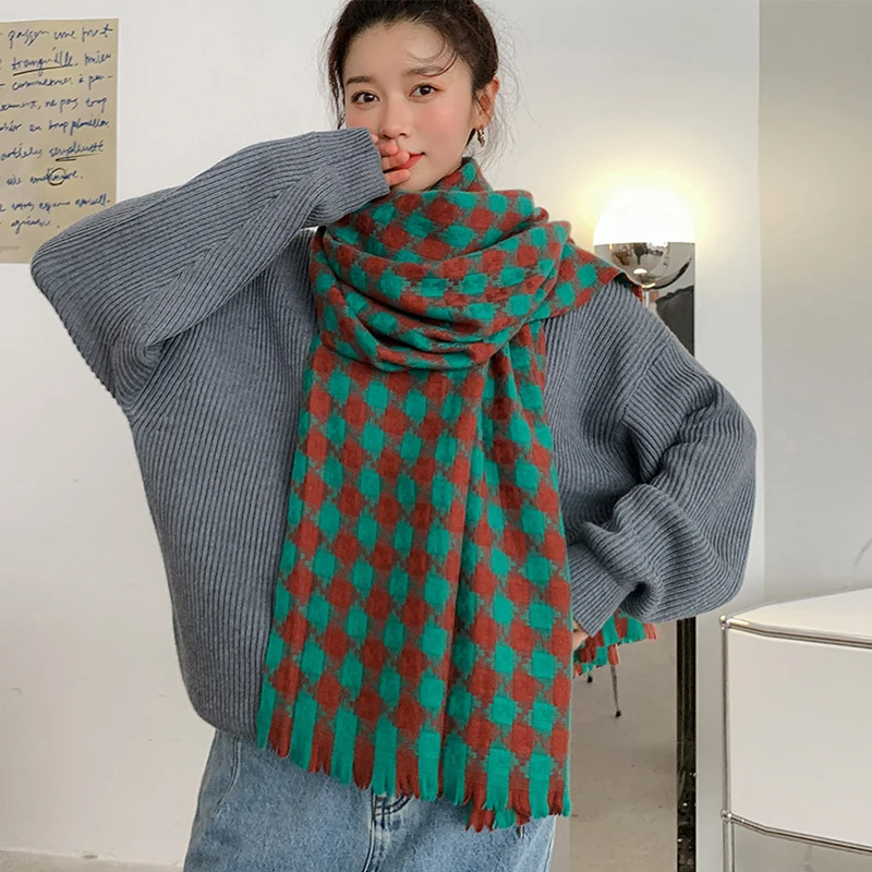 

Imitation Cashmere Fashion Women Winter Scarf Vintage Warm Double sided Plaid Sweet Female Thick Blanket Long Wrap Shawl Present