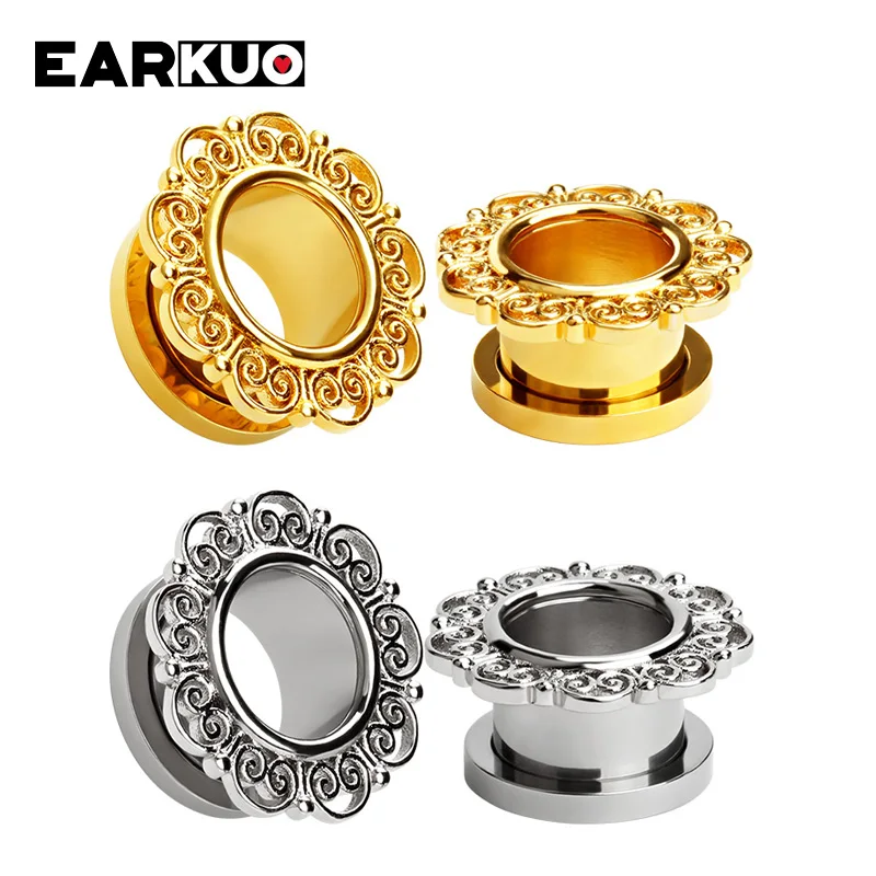 EARKUO Fashionable Quality Stainless Steel Flower Ear Gauges Tunnels Expanders Piercing Body Jewelry Ear Plugs Stretchers 2PCS