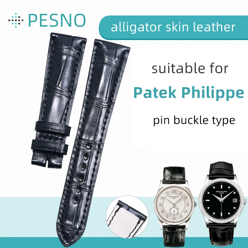 PESNO Compatible for Patek Philippe Bamboo Texture Crocodile Leather Watch Accessories Band 20mm Black with Pin Buckle