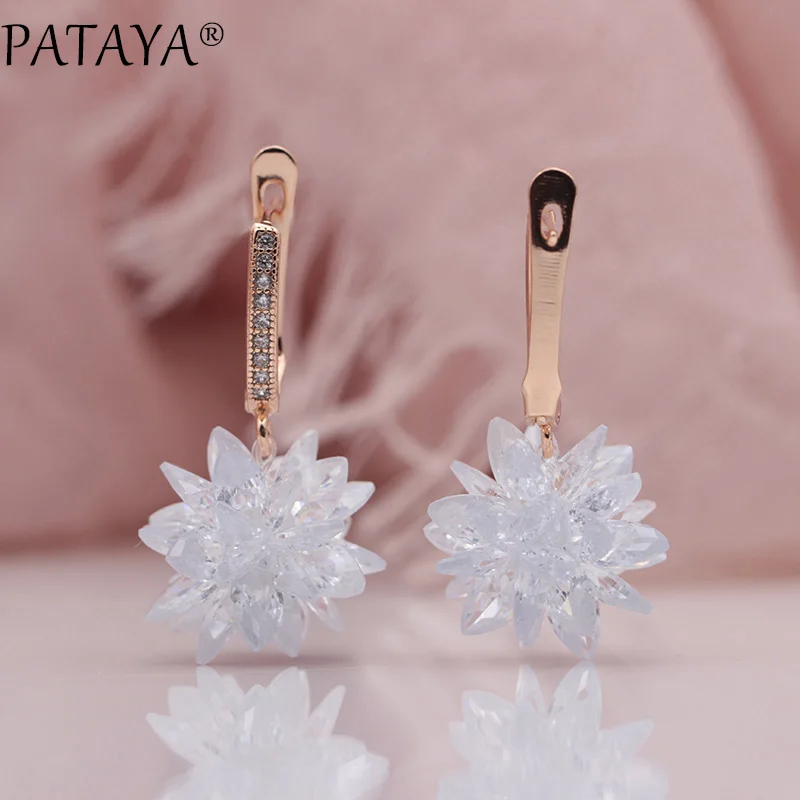 PATAYA New 585 Rose Gold Color Micro-wax Inlay Manual Ball Natural Zircon Long Drop Earrings Women Wedding Luxury Fine Jewelry