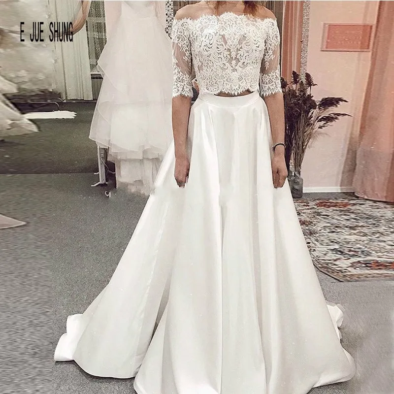 

E JUE SHUNG Two piece Wedding Dresses Bateau Neckline Button Back Lace Applique Half Sleeves A Line Bridal Gown vestido de novia