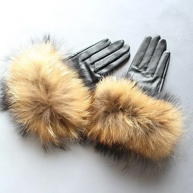 Women's natural big raccoon fur genuine leather glove lady's warm natural sheepskin leather plus size black driving glove R2441