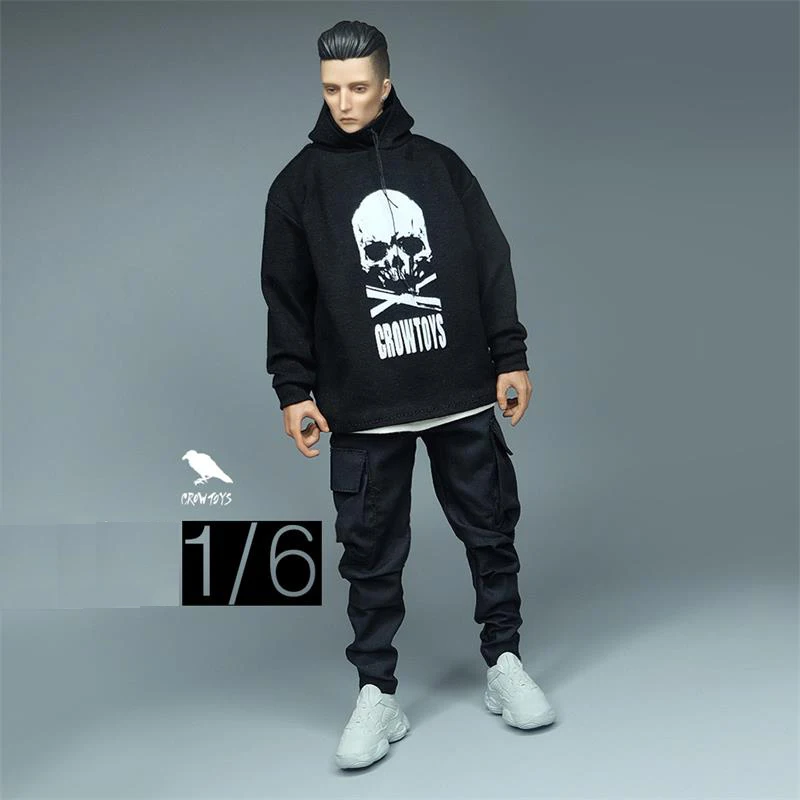 Hot Sales 1/6th Crowntoys Hip Hop Trendy Black Hoodie Shirt Slim Pants Model For Mostly 12inch Doll Action Collectable