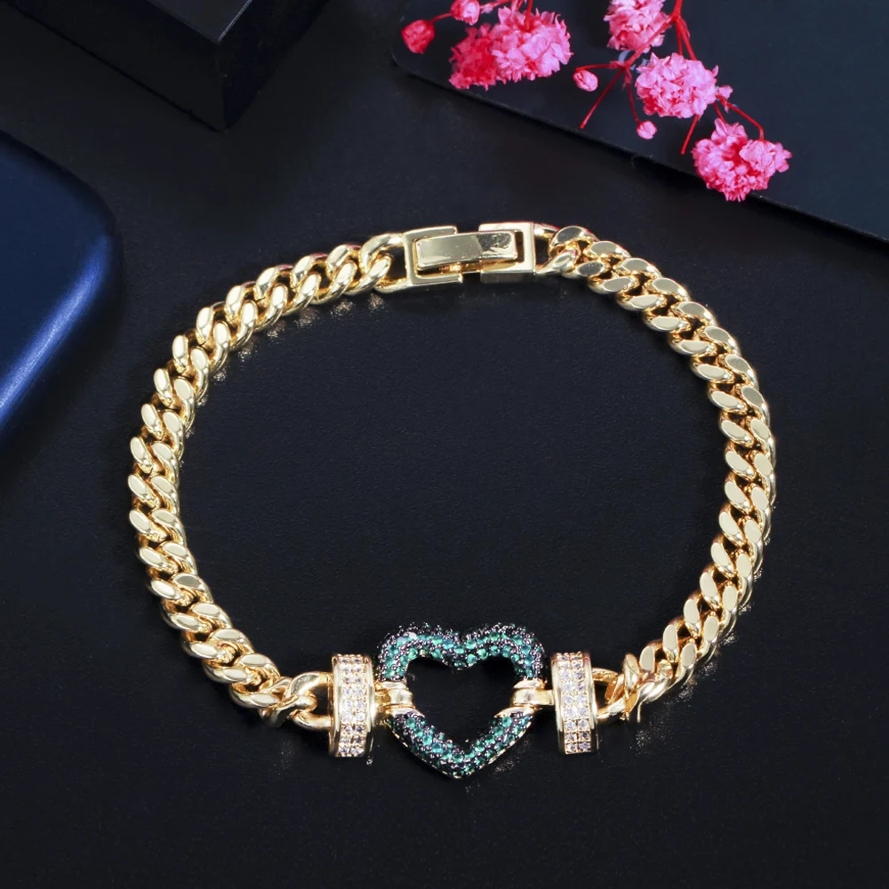 

ThreeGraces Charming Gold Color Cuban Love Heart Link Chain Bracelets for Ladies Green CZ Crystal Hip Hop Fashion Jewelry BR167