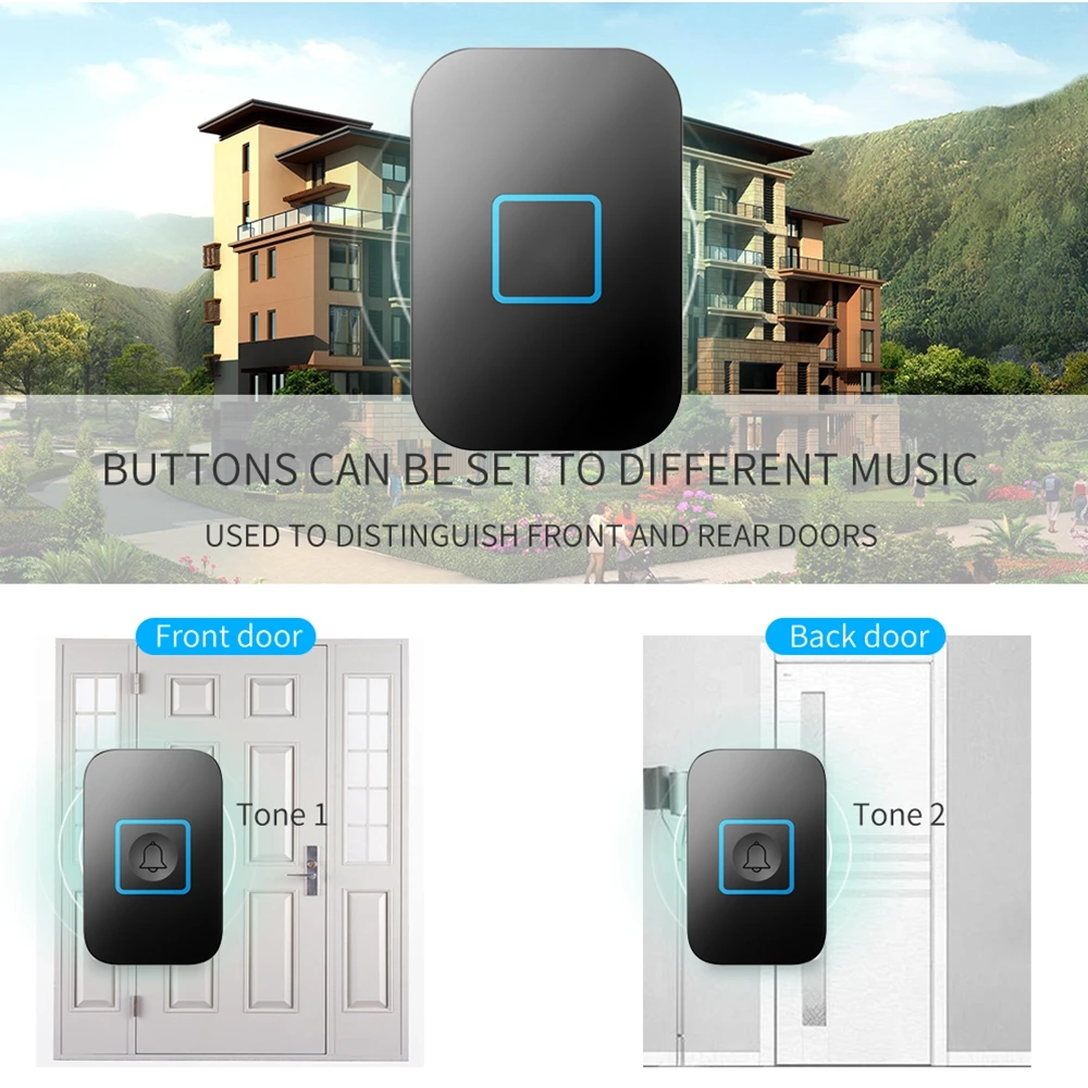 Intelligent Wireless Waterproof Doorbell 2 Button 1 2 3 Receiver US EUK UK AU Plug Home LED Light Calling Bell 300M Remote