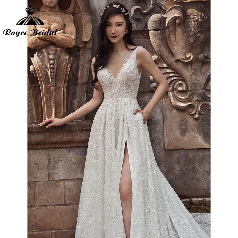 A Line Wedding Dresses with Pocket Lace Tank V Neck Sleeveless Split Side Backless Bridal Gowns Married Vestidos de Noivas 2022