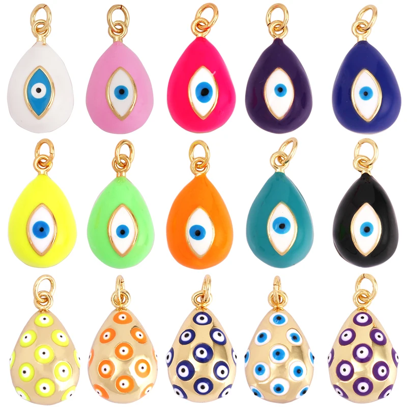 Evil Eye Tropfen-Emaille-Charm, neonrosa, orange, türkis, blaues Öl, tief ausgeschnitten, echt vergoldet, Halskette, Armband, Anhänger M09 M93 – Detail 1