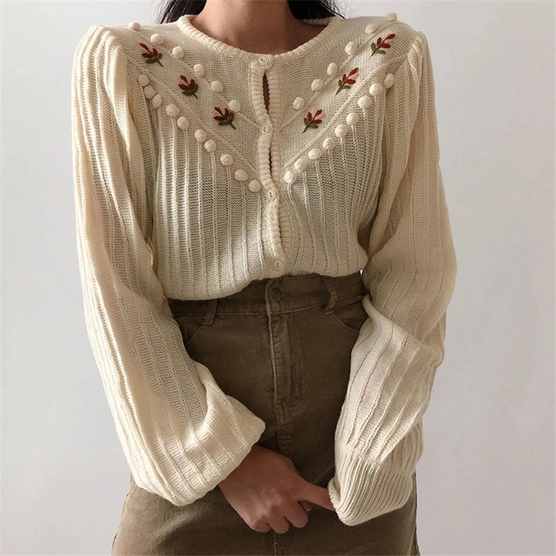 Women Sweet Gentle Floral Lantern-Sleeved Knitted Sweater Girls Korea Cute Chic Simple Fresh Cardigans Sweaters