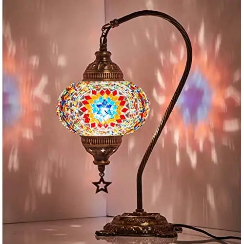 

(33 Colors) LaModaHome English Moroccan Mosaic Table Lamp with US Plug & Socket, swan Neck Handmade Desk Bedside Table Night Lam