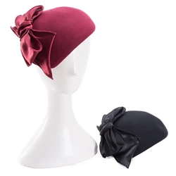 Lawliet Satin Bow Womens British Style Teardrop Wool Felt  Fascinator Hat Tam Beret Casque Cocktail Hat A598