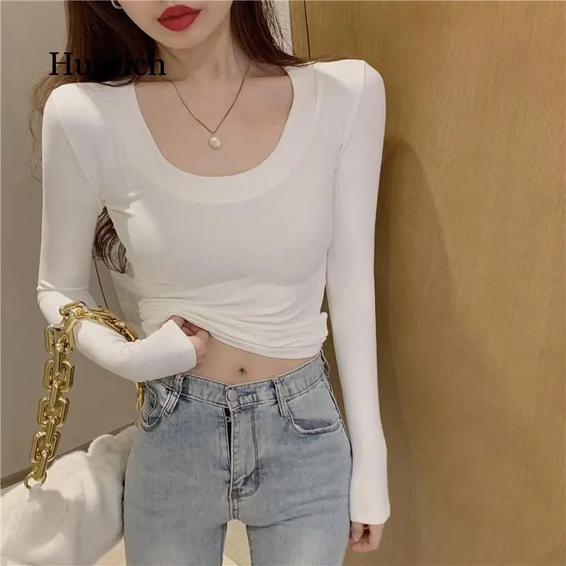 Spring 2021 Slim Solid Color O-Neck Long Sleeve Female Thread Stretch Thin Inner Layer T-Shirt