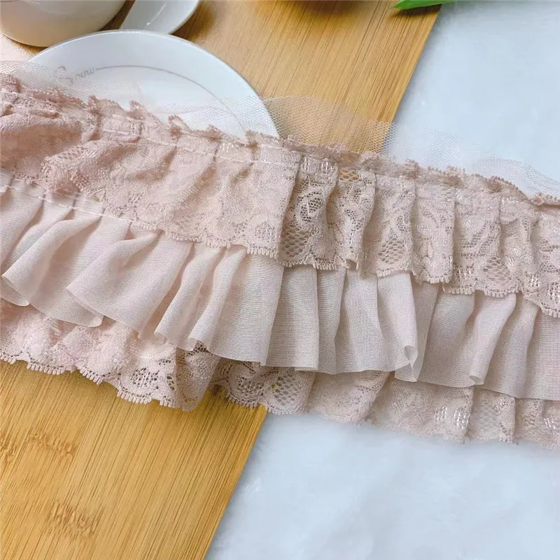 11CM Wide Three Layers Powder Pink Chiffon Pleated Lace Fabirc Embroidered Fringe Ribbon Pettiskirt DIY Sewing Patchwork Decor