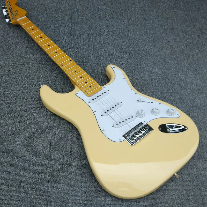 Custom guitar shop, 6-string electric guitar, basswood main body with maple fingerboard, cream yellow bright paint, free deliver