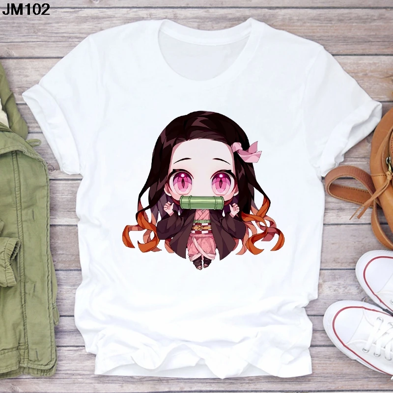 T-shirt da donna con stampa Anime Demon Slayer T-shirt estiva da donna a maniche corte Harajuku T-shirt bianca versione coreana di moda