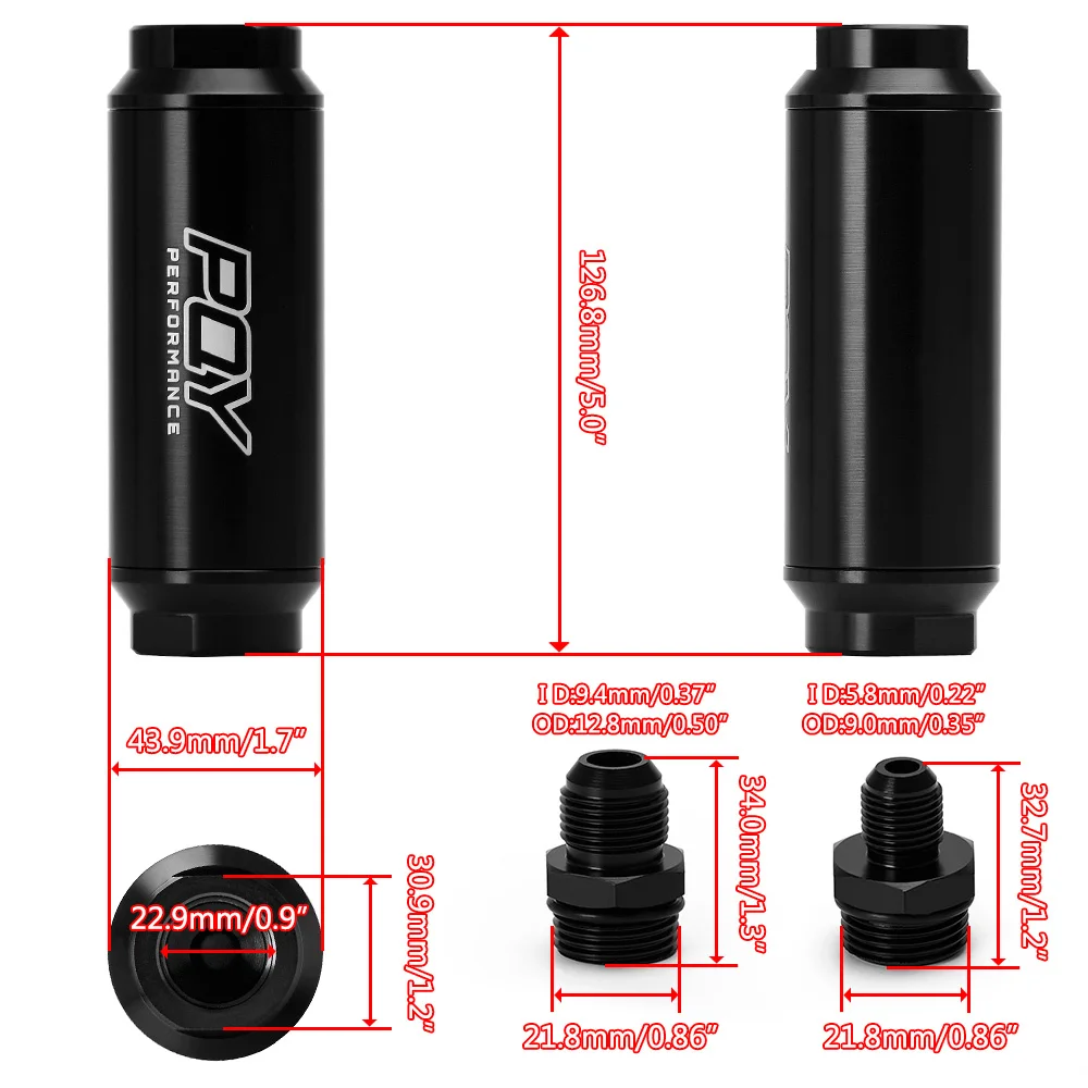 PQY 44mm New Fuel filter with 2pcs AN6 and 2pcs AN8 adaptor fittings with 100micron steel element PQY5565