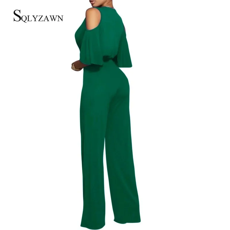 Women Sexy Off Shoulder Flare Sleeve Palazzo Wide Leg Pants Jumpsuit Vintage Elegant Loose Romper Streetwear V Neck Long Overall