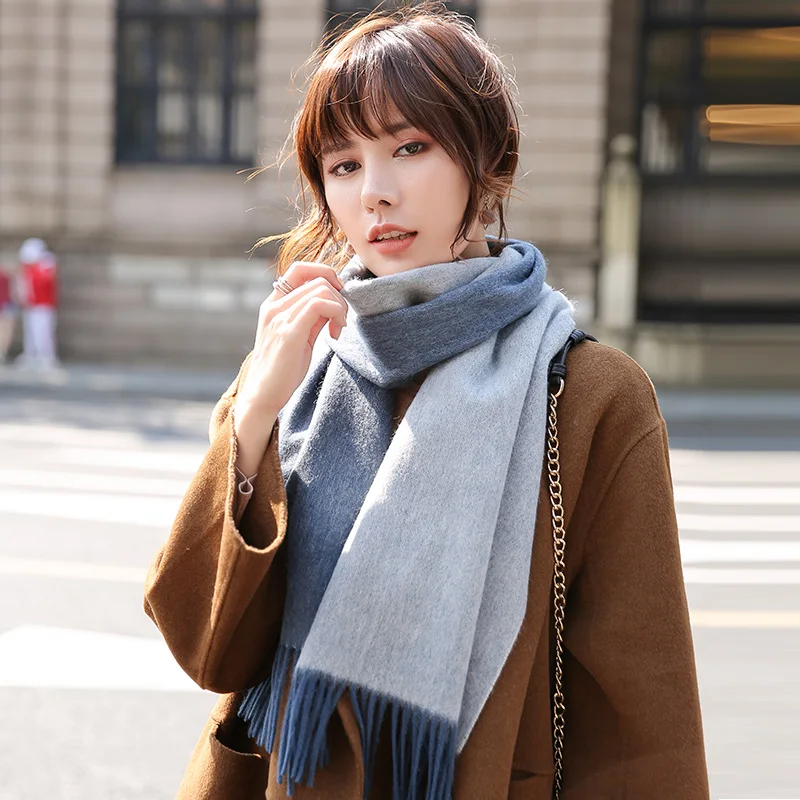 100% Wool Scarves Women Winter Warm Neck Scarf Real Wool Pashmina 2022 Luxury Double-sided Color Shawls Wraps Cashmere Scarf