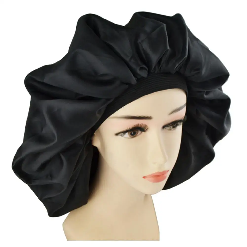 New Fshion Women Satin Solid Sleeping Hat Night Sleep Cap Hair Bonnet Hat Silk Head Cover Wide Elastic Band Unisex Cap Black