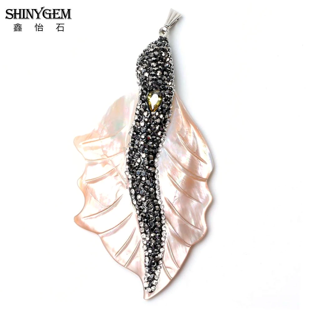 ShinyGem 5pcs Vintage 45-56mm Leaf Shape Shell Pendant Charms Pearl Micro Inlay Rhinestone White Shell Pendant Jewelry Making