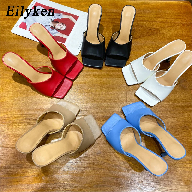 Eilyken Summer Cozy Soft PU Leather Square Toe Women Slippers High Heels Mules Outdoor Party Dress Ladies Fashion Shoes