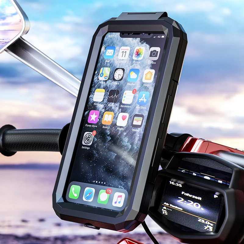 Motorcycle Phone Mount Holder Waterproof Phone Holder with TPU Touch Screen Detachable Handlebar Mount Rearview Mirror