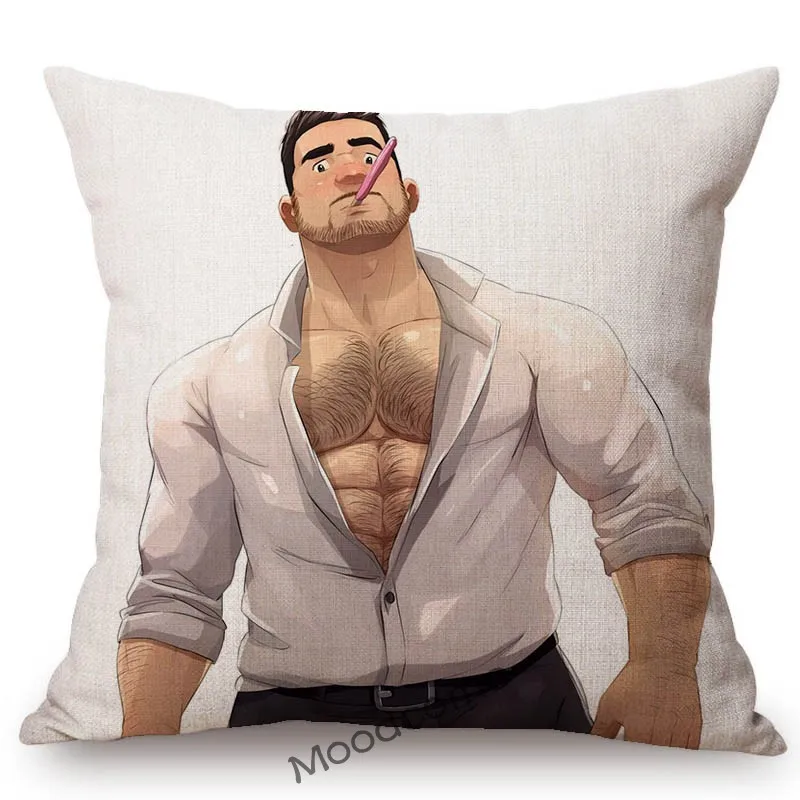 Sexy Man Hot Hunk Muscle Cartoon Character Art Cotton Linen Home Decorative Sofa Cushion Cover Gay Art Car Pillow Case