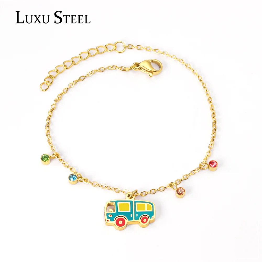 LUXUSTEEL Mixed Color Bus Pendants Golden Color Chains Bracelets Stainless Steel Women 17cm+3cm Beaded Bracelets Wholesale Party