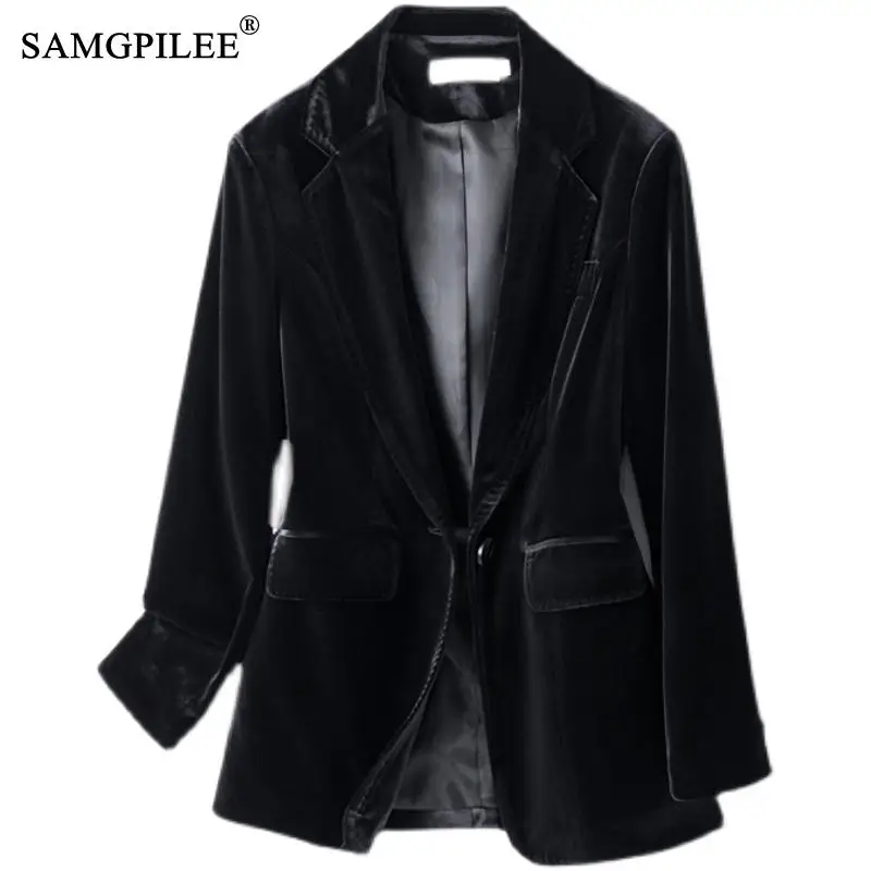 Jacket For Women 2023 Spring And Autumn New One Button Gold Velvet Pocket Turn Down Collar Woman Blazer Vadim 4XL