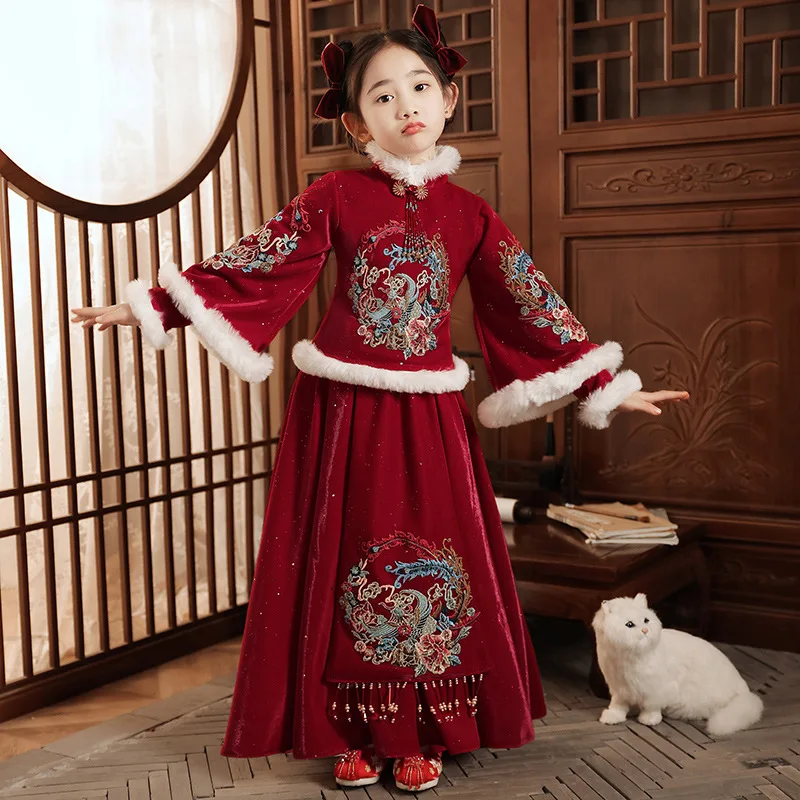 New Vintage Chinese Style Embroidery Winter Thick Hanfu Girl Party Evening Stage Performance Princess Skirt New Year's Vestido