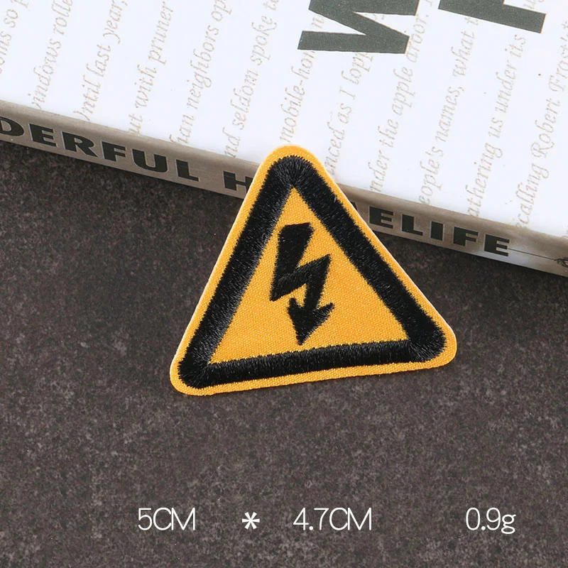 Yellow Triangle Fire Lightning Dangerous Sign Patch Embroidery sewing Ellow be safe Logo Iron on Applique DIY Fabric Sticker