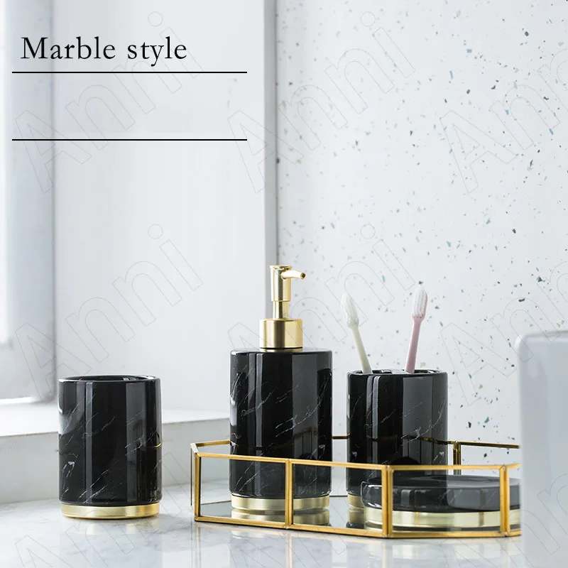 

Creativity Ceramic Marble Texture Bathroom Accessories Set Nordic Modern Golden Base Toothbrush Holder Home Restroom Decoration