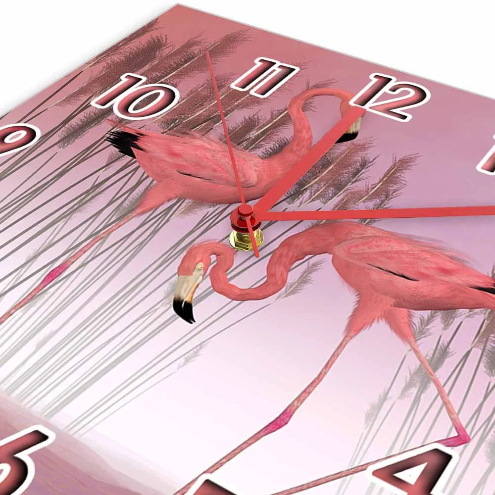 Flamingo Couple Square Wall Clock Pink Wall Art For Girls Room Animal Tropical Décor Silent Non Ticking Wall Watch New Home Gift