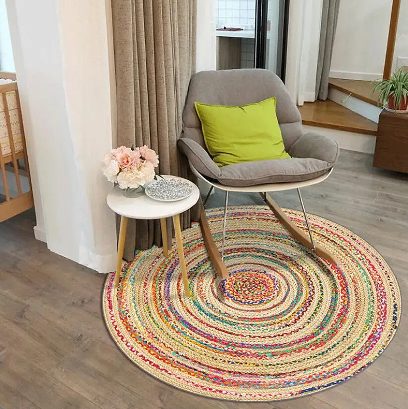 Luxury Ethnic Colorful Natural Rope Knit Round Carpets Cotton With Line Area Rug Twisted Macrame String Mat Handmade Decoration