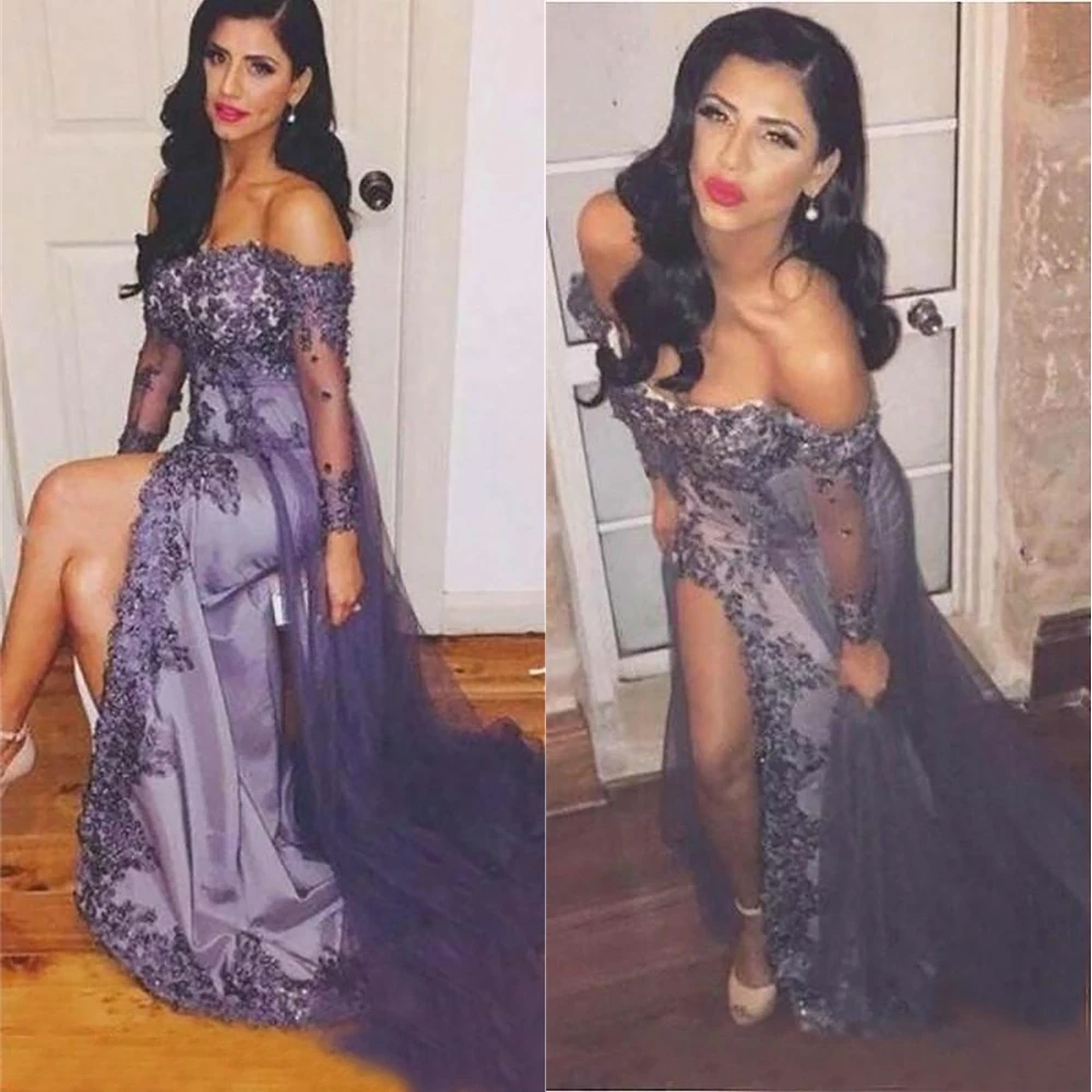 

New Satin Tulle Applique Thigh-High Slits Evening Dresses Prom Party Gown Formal Dress A Line Off-Shoulder Gown Custom