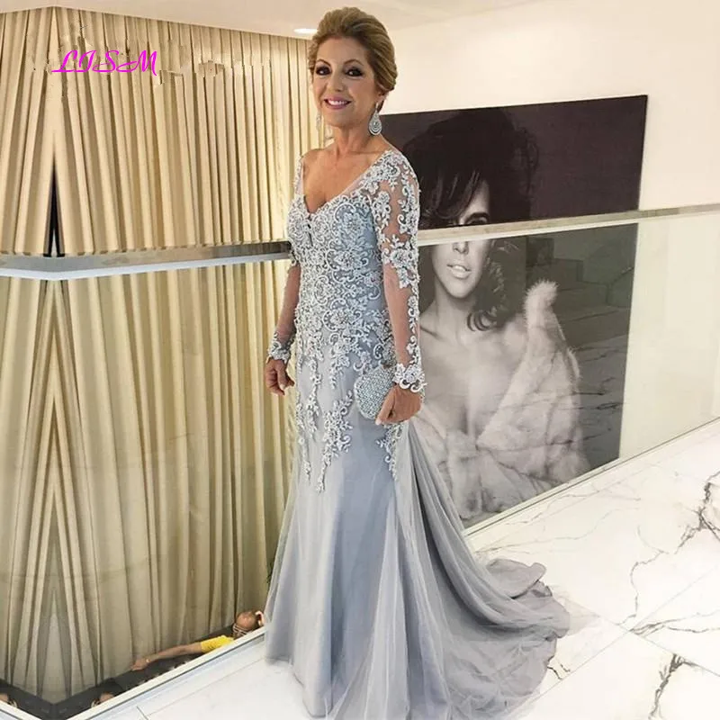 Vestidos plateados de sirena para madre de la novia, cuello en V, mangas largas, apliques de tul con cuentas, vestidos formales, Vestido largo de madre para boda