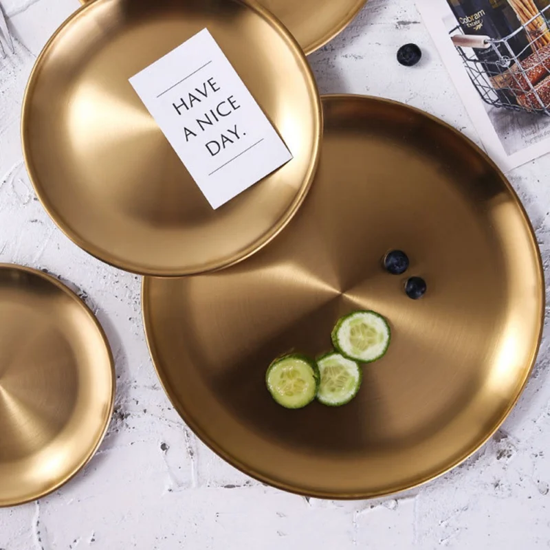 Golden Stainless Steel Storage Tray Luxurious Brass Gold Round Plate Fruit Cake Steak Snack Kitchen Metal Storage Wholesale