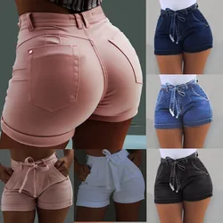 feminino Pockets Skinny Women Belted High Waist Washed Jeans Shorts Female Pockets Wash Denim high waist shorts ladies