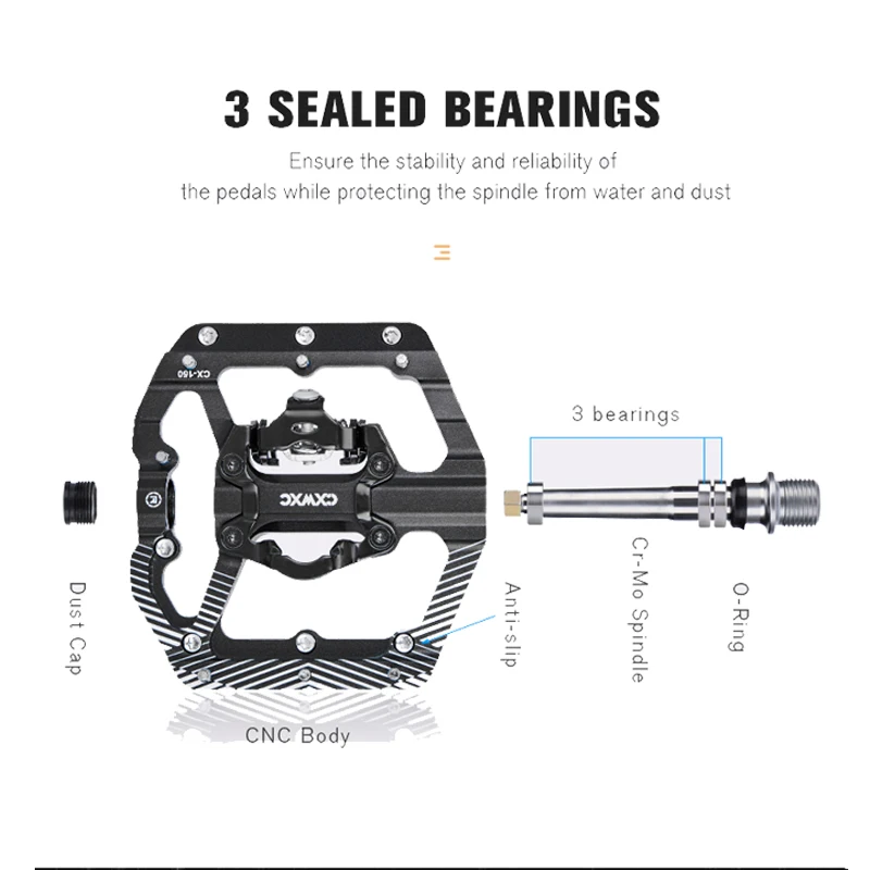 CXWXC CX-150 Bicycle Pedal Dual Function Platform Flat/Clipless Mountain Bike Pedal SPD Cleats 3 Sealed Bearings Road Bike BMX